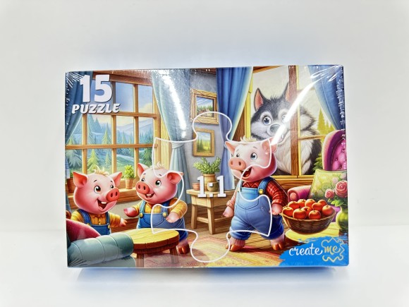 МАКСИ-ПАЗЛЫ 15 элементов.ТРИ ВЕСЕЛЫХ ПОРОСЕНКА И ВОЛК (арт. УК15-0206)